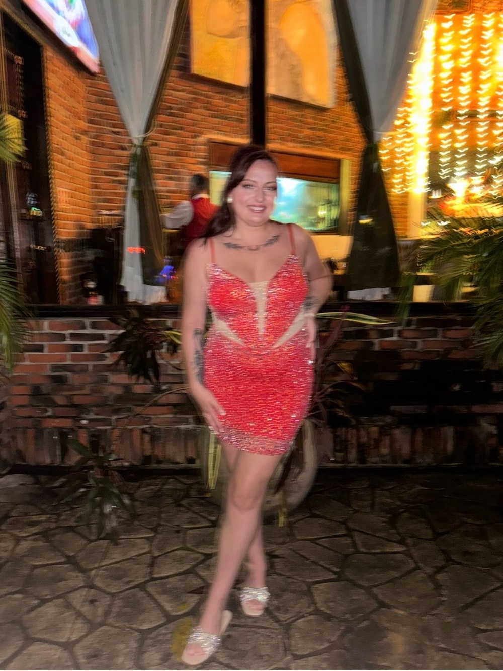 Red Embellished V-Neck Rhinestone  Evening Dress beautiful purchased in Mexico L